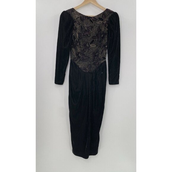 Vtg Jessica McClintock Black Velvet Shimmer Floral Bow Dress Sz 6 Dark Romantic - Picture 3 of 16